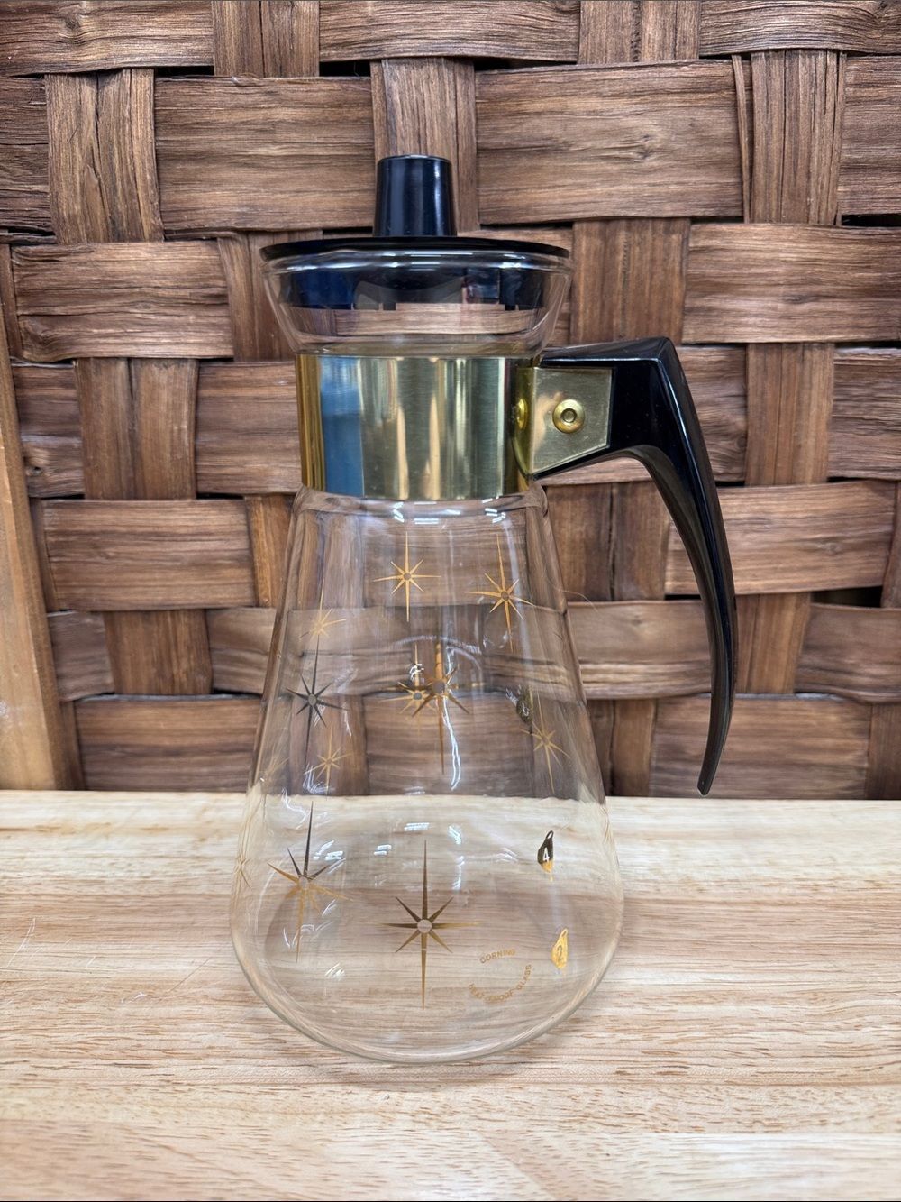 Corning Heat Proof Coffee 6 Cup Carafe Pot Atomic Gold Starburst Mid Century/Lid